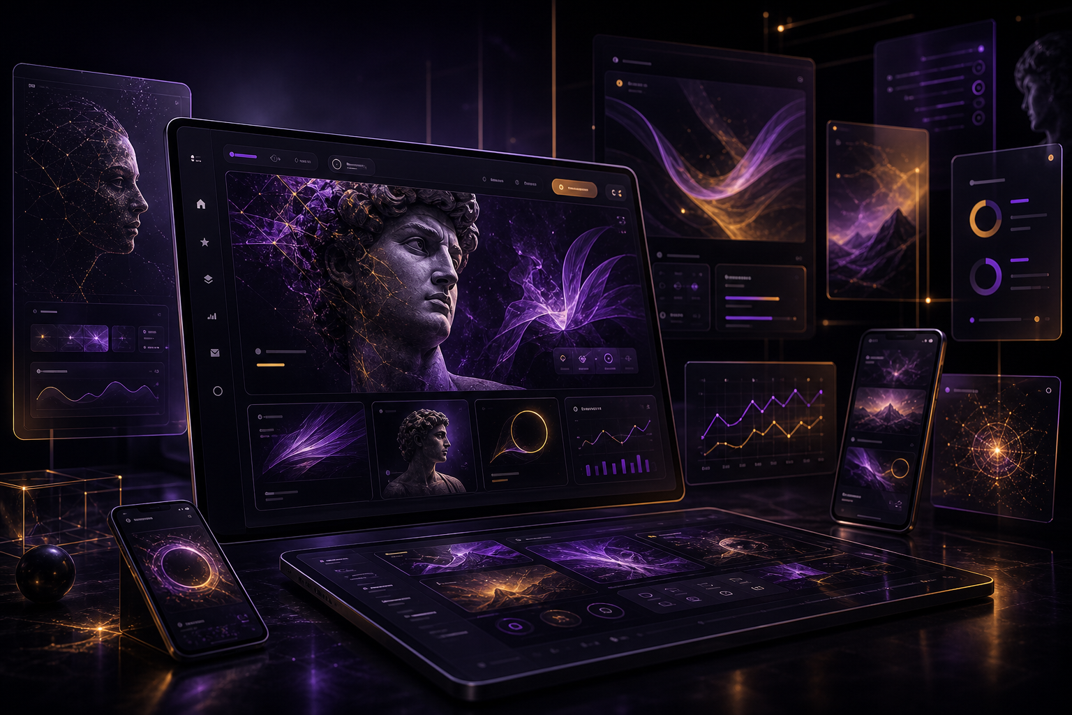 Interfaces premium em ambiente dark cinematográfico