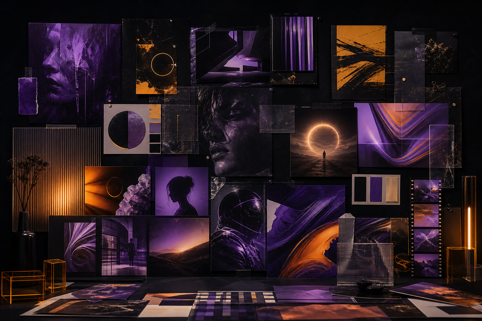 Moodboard artístico com posters, colagens e direção visual